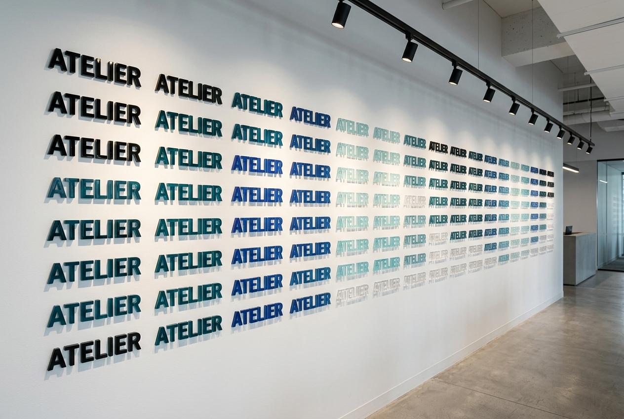 Fresque typographique ATELIER — dégradé bleu